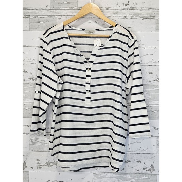 Hester & Orchard Tops - Hester & Orchard Linen Blend Top Striped Blue White Large 3/4 Sleeves